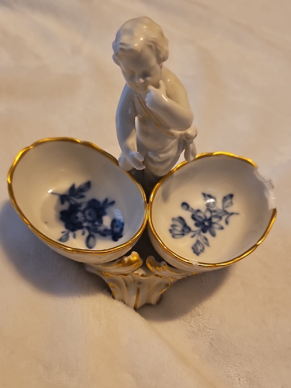KPM Berlin Antique Porcelain Cherub Salt and Pepper Holder White, Blue and Gold